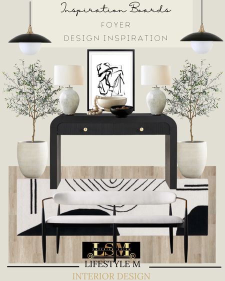 Foyer Design Inspiration. Recreate the look with these home decor and furniture. Upholstered bench, black and white foyer runner, wood floor tiles, black console table, wall art, table lamp, decorative bowls, white tree planter pot, faux fake tree, black foyer pendant light. #Spring

#LTKFind #LTKsalealert #LTKhome