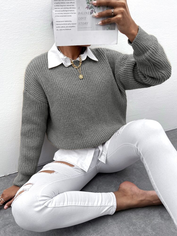 Ribbed Knit Drop Shoulder Sweater Without Blouse | SHEIN