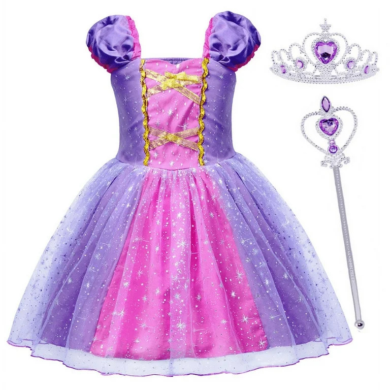 Jurebecia Girls Princess Party Dress with Puff Sleeves - Sparkly Tulle Fancy Gown for Birthday, C... | Walmart (US)