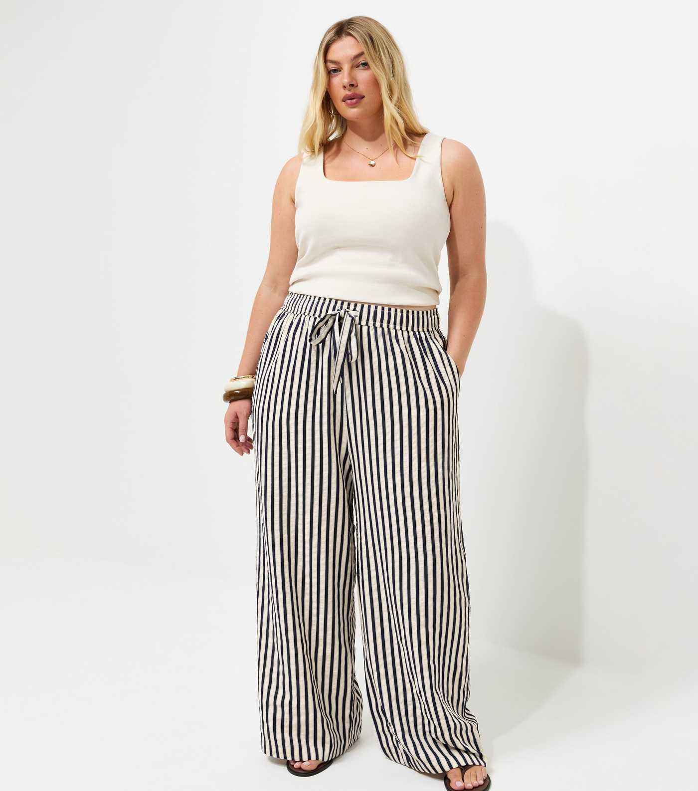 Curves Navy Stripe Print Wide Leg Trousers | New Look | New Look (UK)