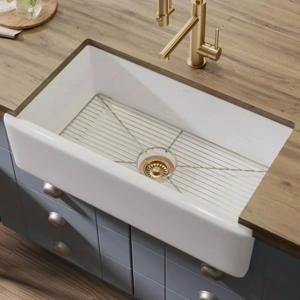 Turino Reversible Farmhouse Apron Front Fireclay 33 in. Single Bowl Kitchen Sink with Bottom Grid... | The Home Depot