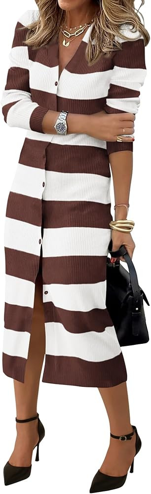 PRETTYGARDEN Women's Fall Sweater Dresses 2025 Long Sleeve V Neck Button Ribbed Knit Stripes Body... | Amazon (US)