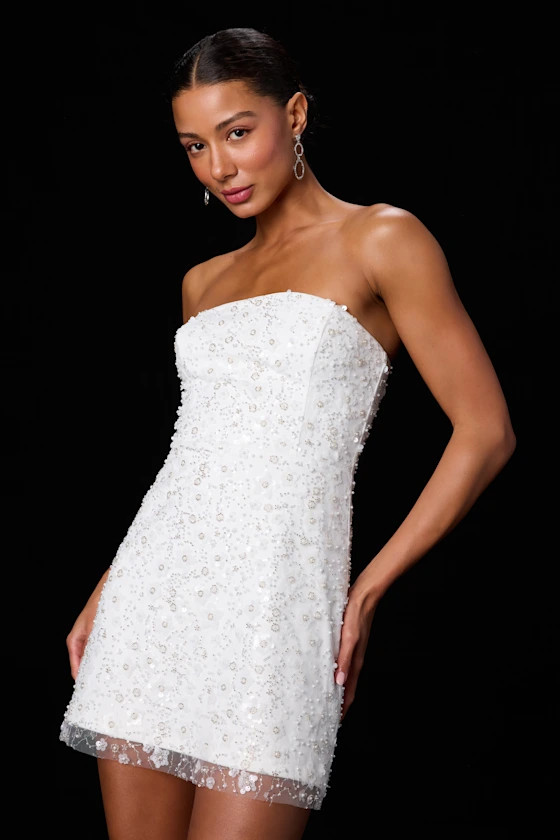Grecia White Sequin Strapless Mini Dress | white sequin dress | white mini dress | Lulus