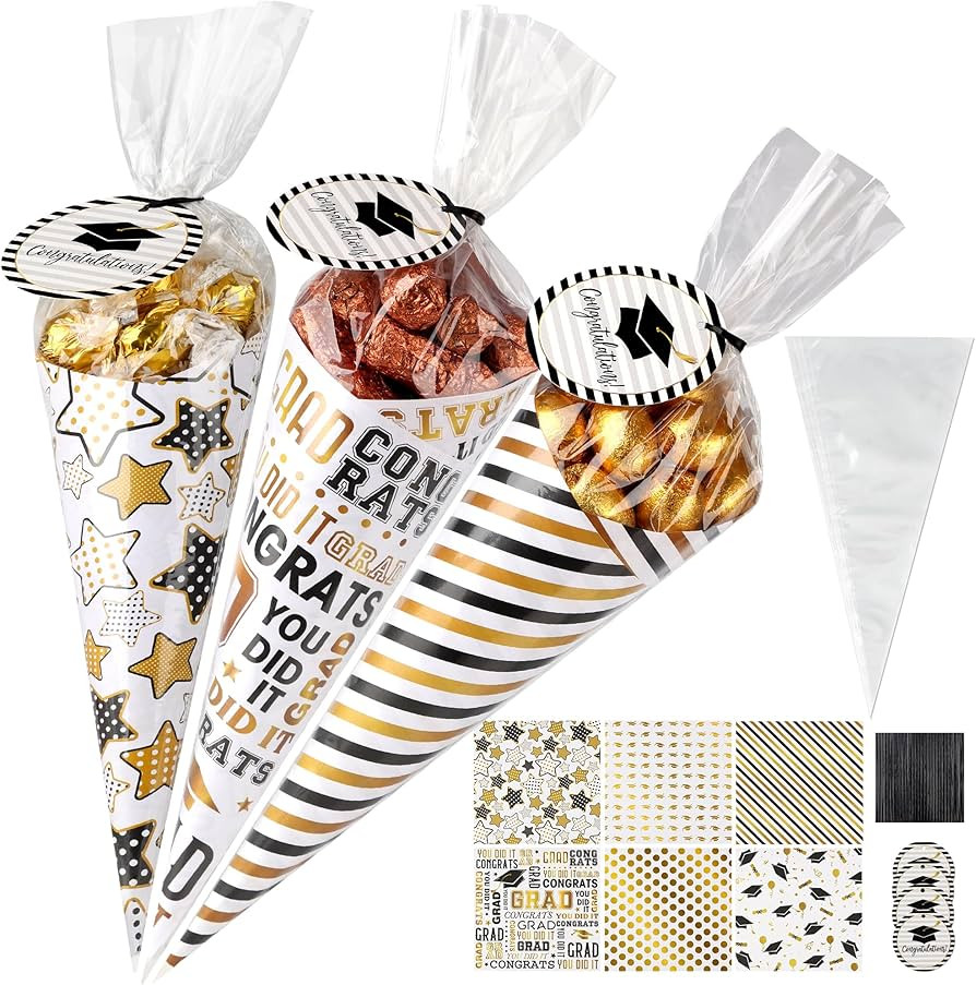 Graduation Treat Bags- 60 Pack DIY Grad-Themed Sweet Cones Shaped Candy Bags Set with Clear Trian... | Amazon (US)