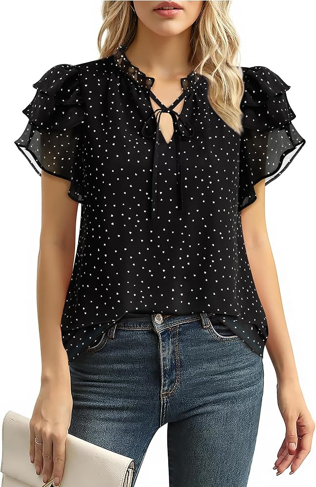 Lotusmile Summer Chiffon Dressy Casual Blouses Elegant Ruffle Short Sleeve Work Tops for Women Tr... | Amazon (US)