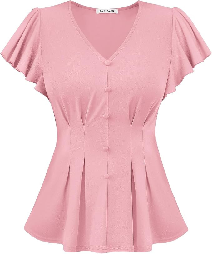 GRACE KARIN Summer Blouses for Women Dressy Casual, 2026 Ruffle Sleeve Peplum Tops, Business Work... | Amazon (US)