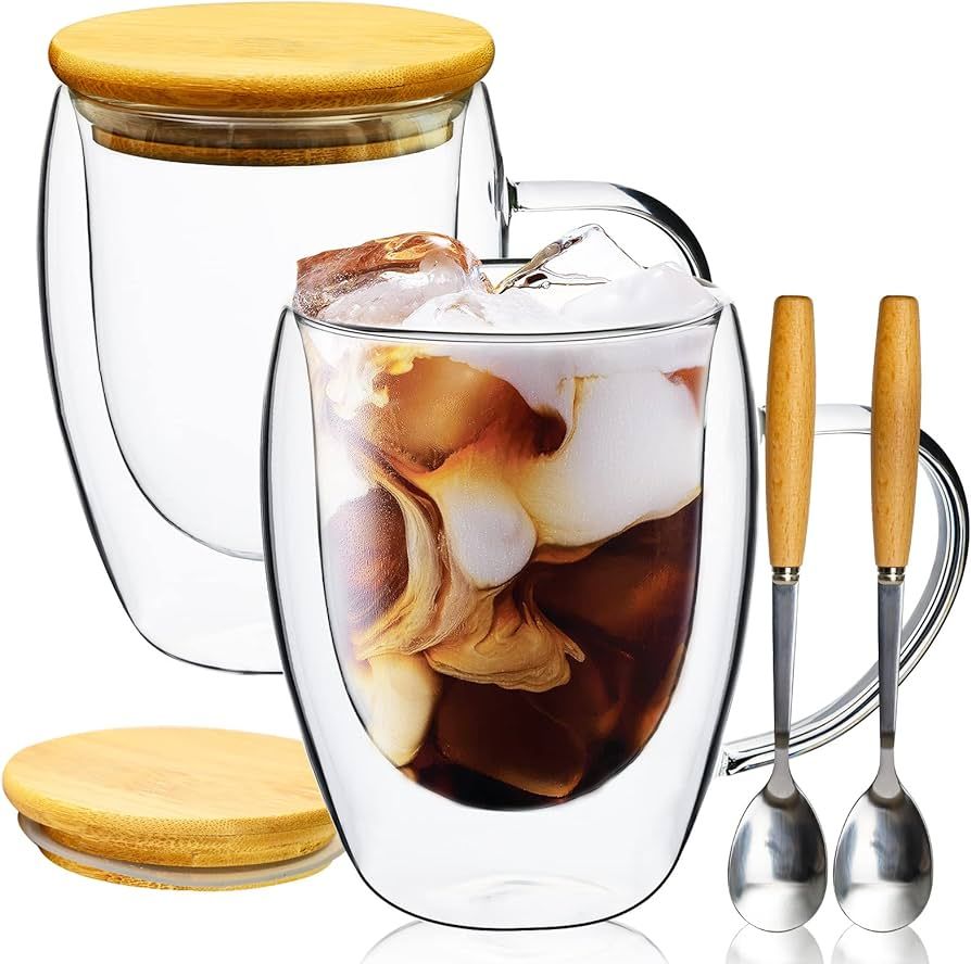 PARACITY Glass Coffee Mugs Set of 2 with Bamboo Lid/ Spoon, Double Wall Insulated Clear Tea Cups ... | Amazon (CA)