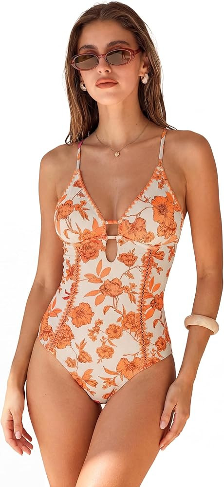 CUPSHE Women's One Piece Swimsuit Plunging V Neck Shell Stitch Bathing Suit Self Tie Adjustable C... | Amazon (US)