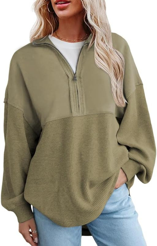 SHEWIN Womens Sweatshirt Casual Waffle Knit Half Zip Pullover Loose Long Sleeve Tops Fall Outfit ... | Amazon (US)