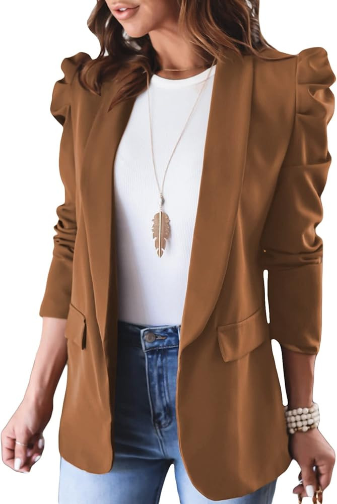Happy Sailed Women's Blazers Open Front Puff Sleeve Office Blazer Bussiness Casual Jackets Work S... | Amazon (US)