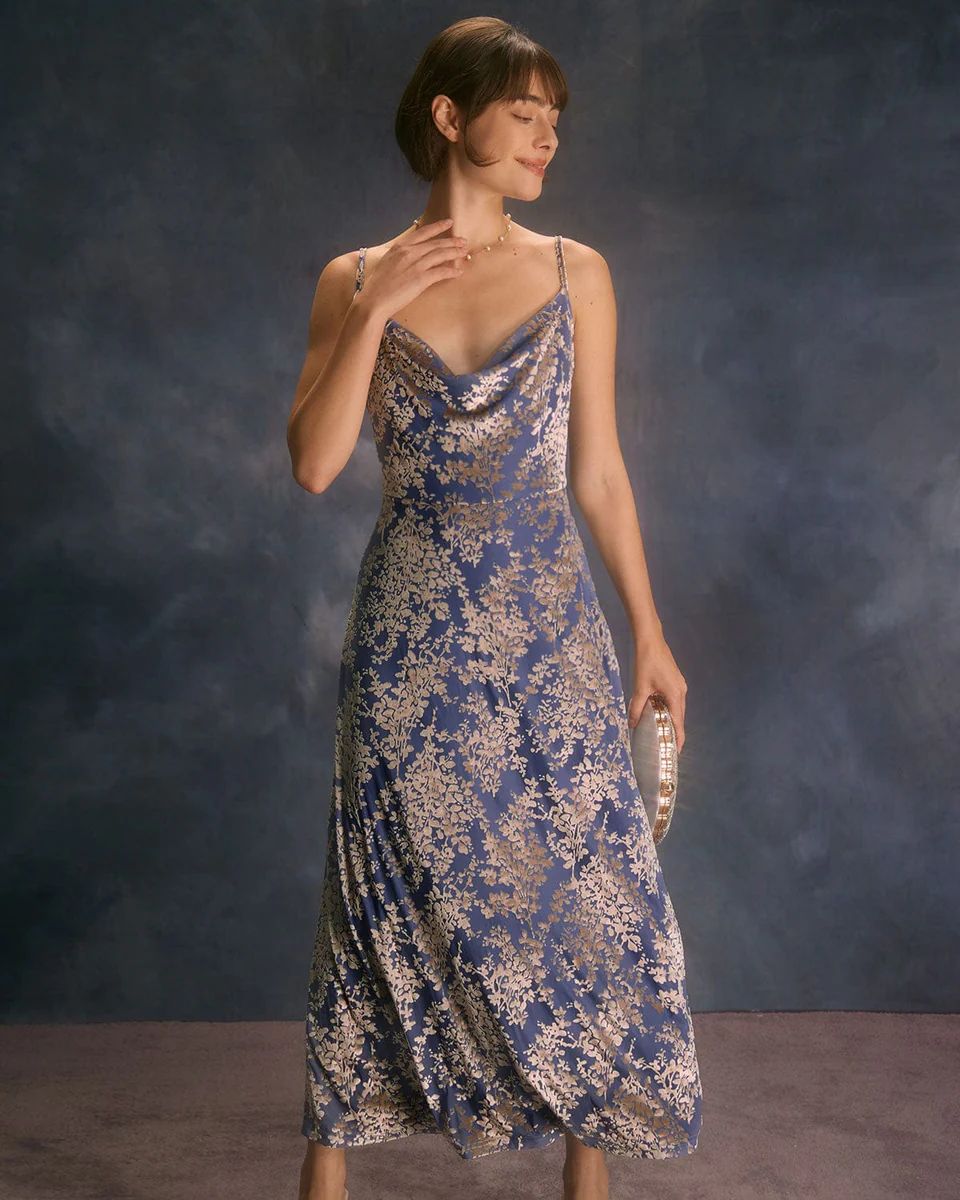 The Blue Cowl Neck Floral Burnout Maxi Dress & Reviews - Blue - Dresses | RIHOAS | rihoas.com