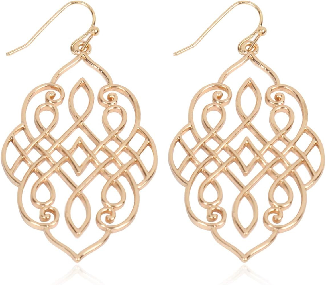Moroccan Filigree Geometric Drop Earrings - Bohemian Metallic Cutout Hook Lightweight Dangles Flo... | Amazon (US)