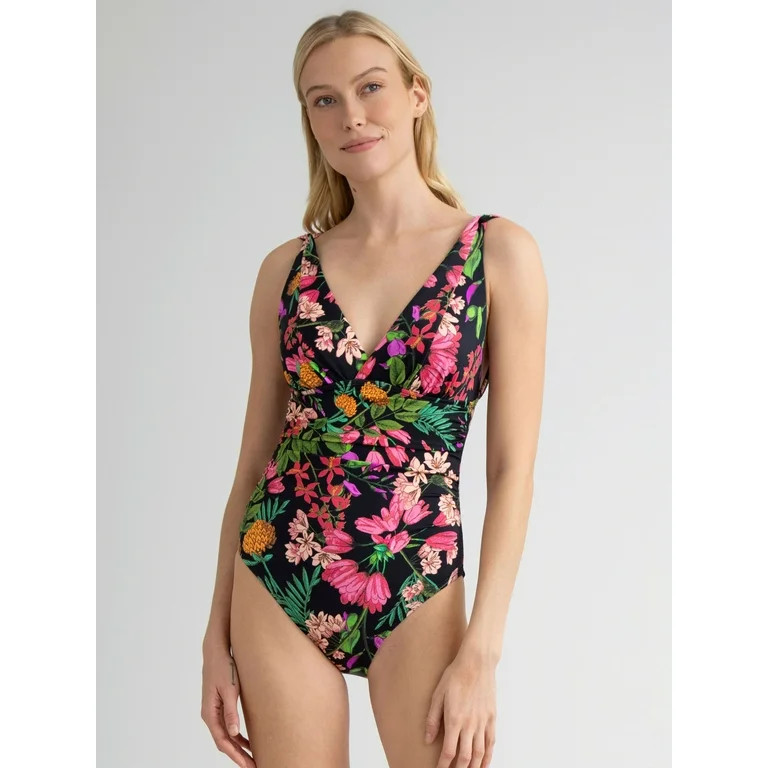 Time and Tru Women's and Women's Plus Plunge V Neck One Piece Swimsuit, Sizes XS-3X | Walmart (US)