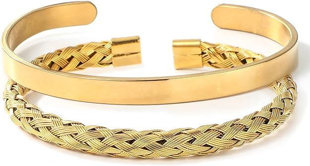 Acruccen 2 Pcs Stainless Steel Open Cuff Bracelet for Women Men 18K Gold Plated Plain Polished Fi... | Amazon (US)