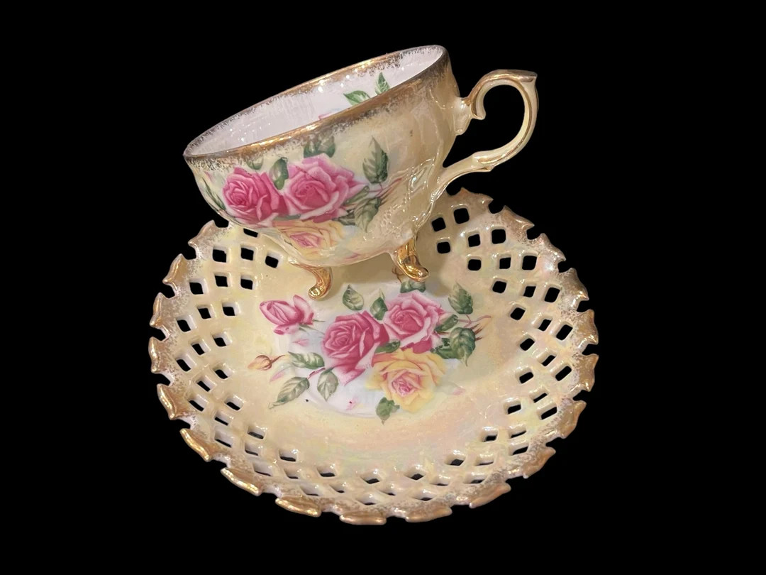 TEA CUP & SAUCER…Napco…China…Hand-Painted…Lattice Saucer….Footed Lusterware…Painted R... | Etsy (US)