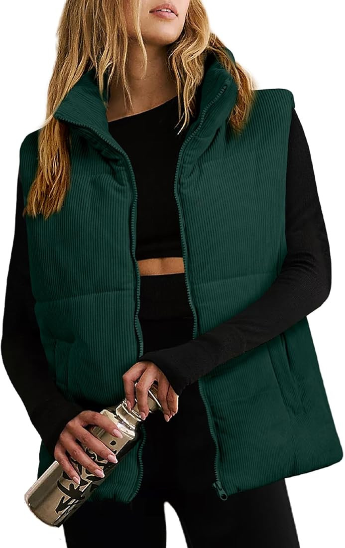 EVALESS Corduroy Cropped Puffer Vest for Women Lightweight Stand Collar Sleeveless Jackets Zip Up... | Amazon (US)