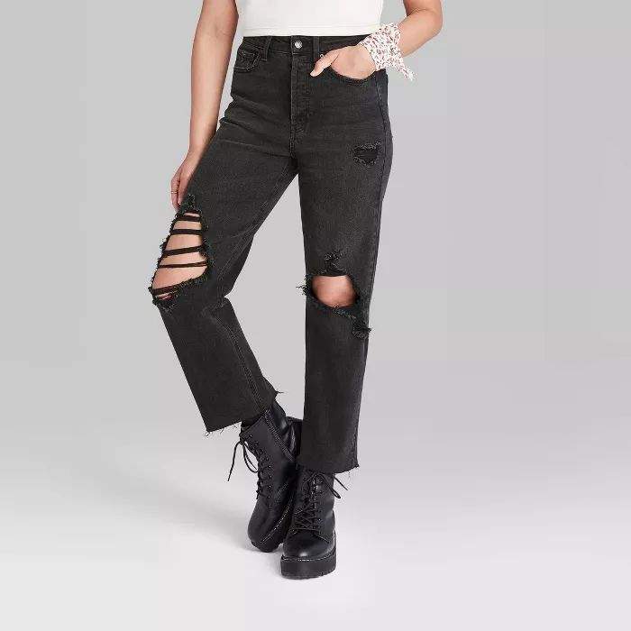 Women's Super-High Rise Distressed Straight Jeans - Wild Fable™ Black Wash | Target