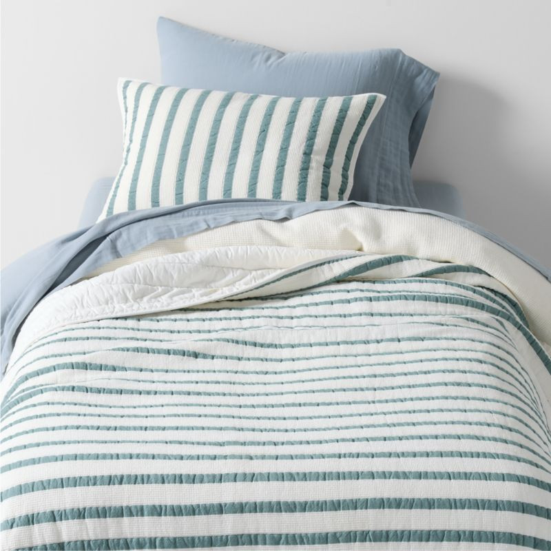 Modern Organic Waffle Weave Striped Teal Twin Kids Quilt + Reviews | Crate & Kids | Crate & Barrel