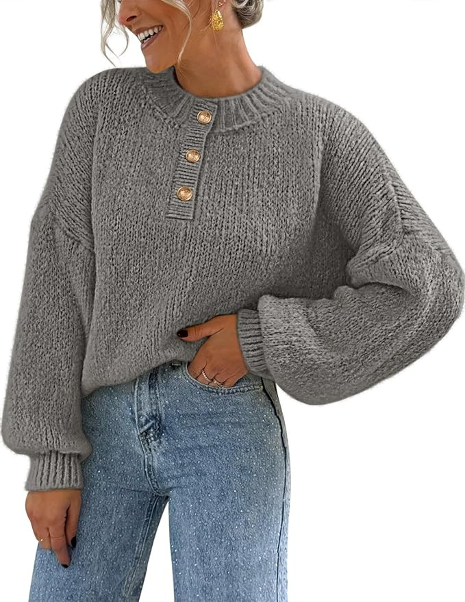 MEROKEETY Women's 2025 Fall Oversized Sweaters Chunky Long Lantern Sleeve Buttoned Mock Neck Wint... | Amazon (US)