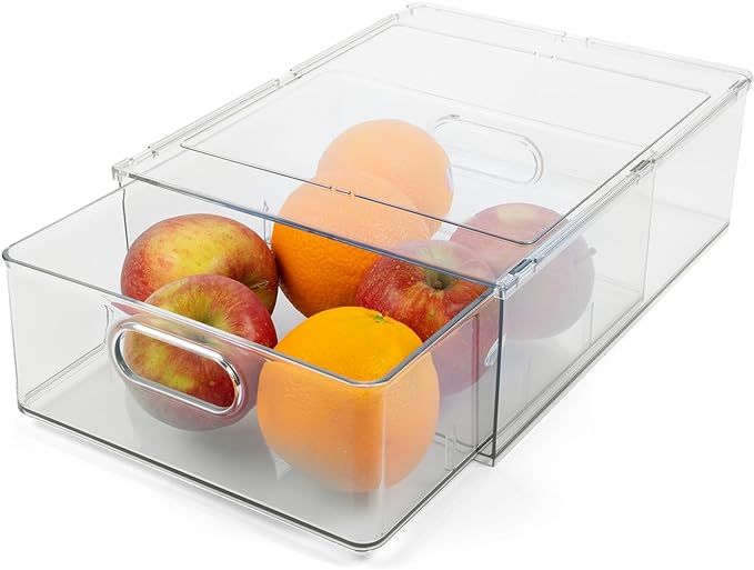 Clear Plastic Refrigerator Organizer Bins With Pull-Out Drawer, Stackable Plastic Bins For Pantry... | Amazon (US)