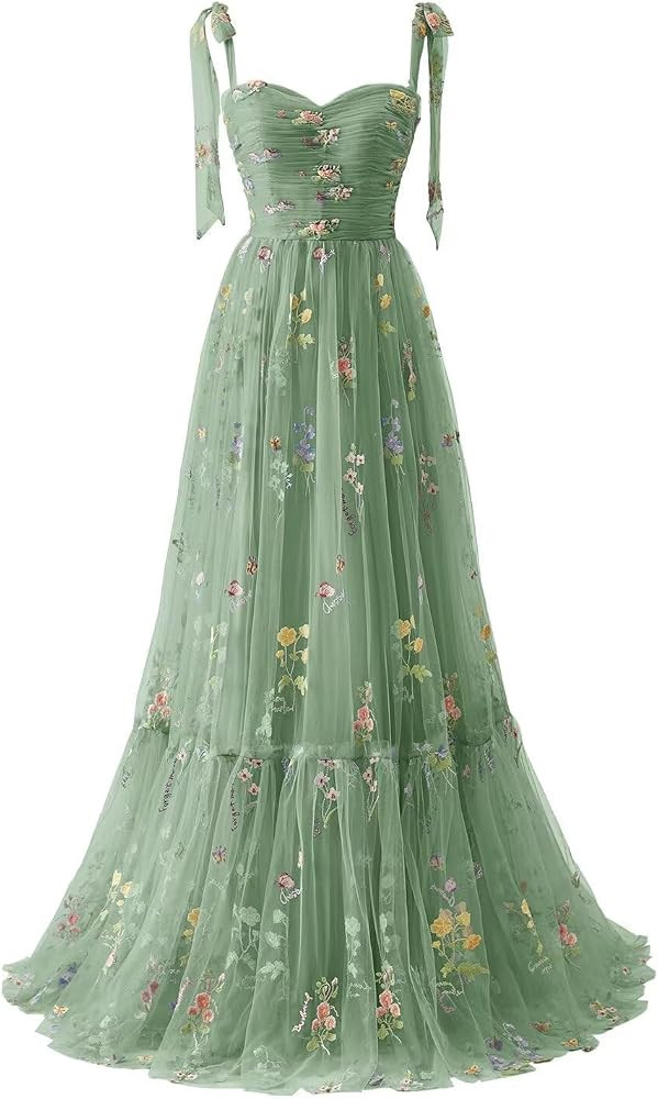 YIANN Women's Flower Embroidery Tulle Prom Dresses Corset Spaghetti Strap Fairy Formal Evening Pa... | Amazon (UK)