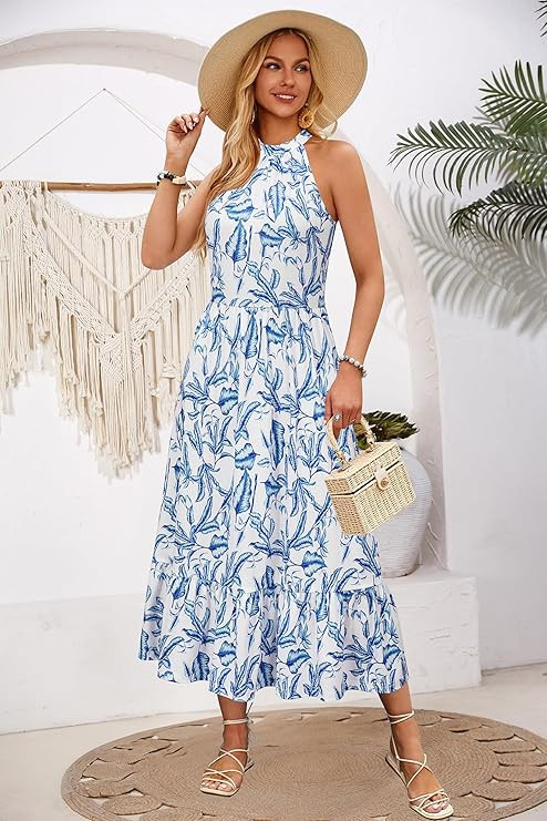 STYLEWORD Women’s 2025 Summer Dress Maxi Vacation Floral Halter Neck Sleeveless Flowy Sundress ... | Amazon (US)