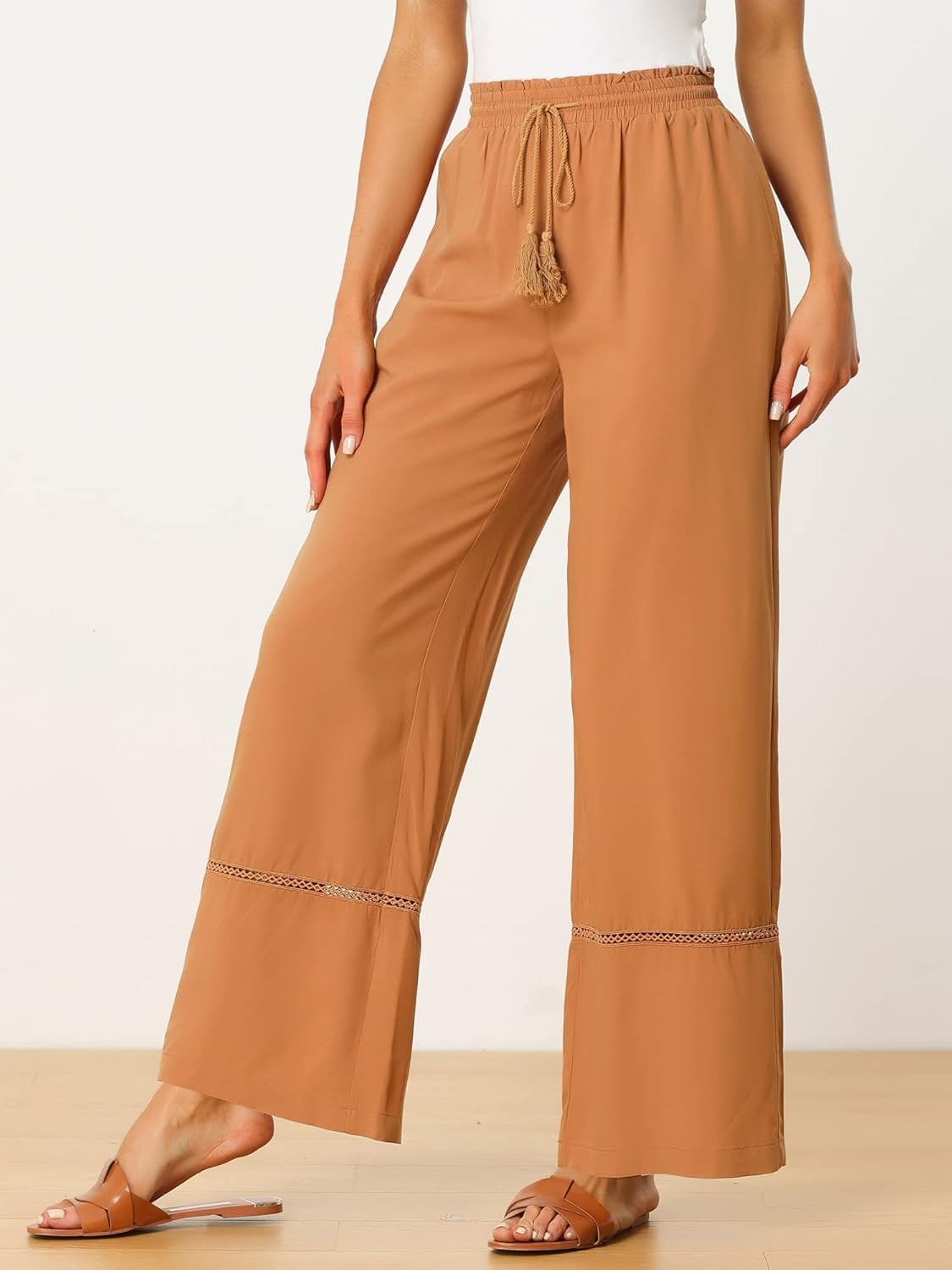 Allegra K Women's 2023 Summer Casual Pants Loose High Waist Drawstring Wide Leg Palazzo Trousers ... | Amazon (US)