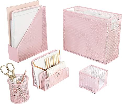 Blu Monaco 5 Piece Office Supplies Pink Desk Organizer Set - with Desktop Hanging File Organizer,... | Amazon (US)