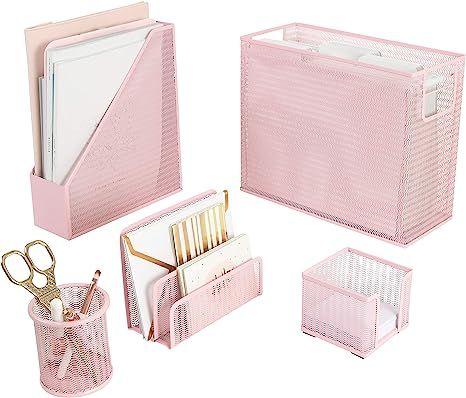 Blu Monaco 5 Piece Office Supplies Pink Desk Organizer Set - with Desktop Hanging File Organizer,... | Amazon (US)