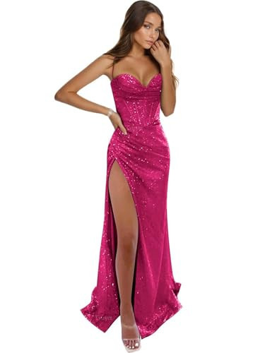 Tvuyet Mermaid Hot Pink Prom Dresses for Women 2024 with Slit Long Corset Evening Dress Ball Gown Hot Pink 4 | Amazon (US)