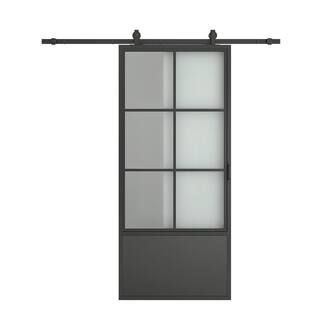 37 in. x 84 in. 3/4 Lites Frosted Glass Black Steel Frame Interior Barn Door with Sliding Hardwar... | The Home Depot