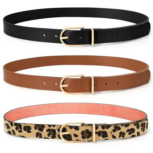SUOSDEY 3 Pack Women Leopard Cheetah Print Belt Balck Brown Leather Belts for Jeans Dresses Pants Ladies Belts with Gold Buckle | Amazon (US)