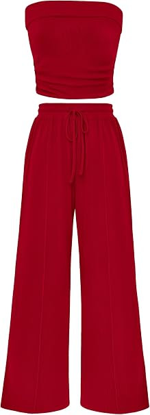 PRETTYGARDEN Womens Summer Outfits 2 Piece Sets Casual Ribbed Knit Crop Tube Top Wide Leg Pants S... | Amazon (US)