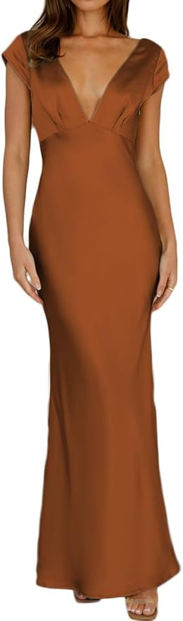 Halfisland Womens Summer Satin V Neck Cap Sleeve Backless Maxi Dress Elegant Twist Cut Out Midi D... | Amazon (US)
