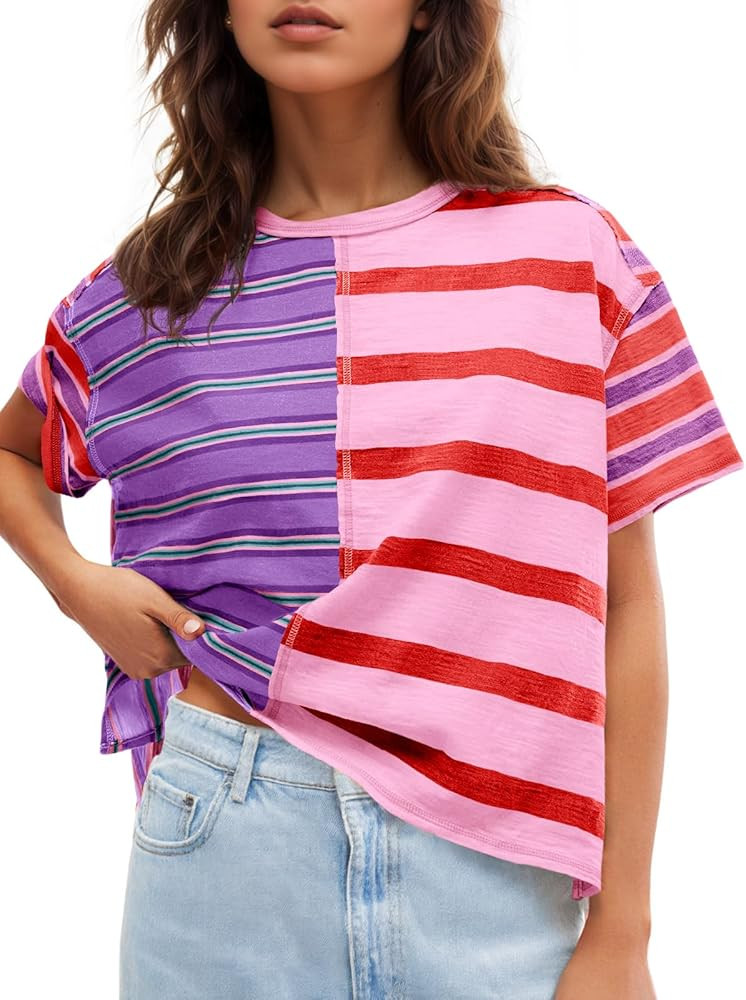 Tankaneo Womens Summer Striped Shirts Casual Color Block Short Sleeve Tops Loose Fit Crew Neck Te... | Amazon (US)