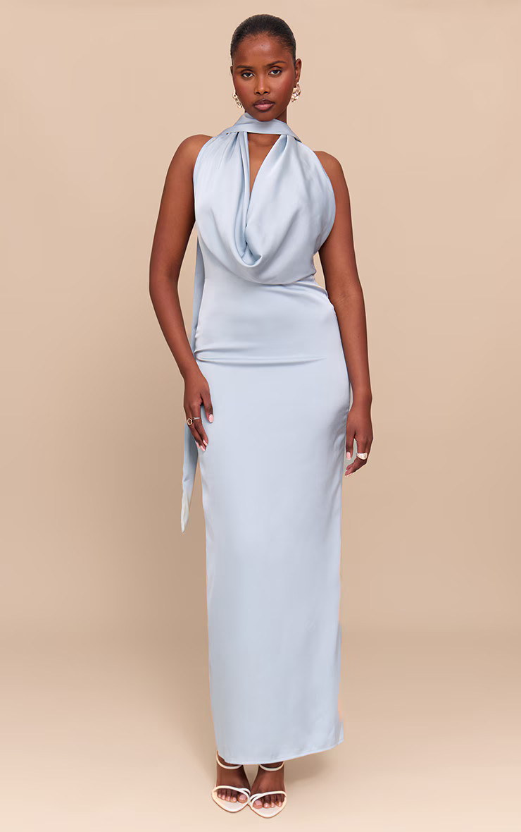 Baby Blue Satin Cowl Neck Drape Maxi Dress | Dresses | PrettyLittleThing US