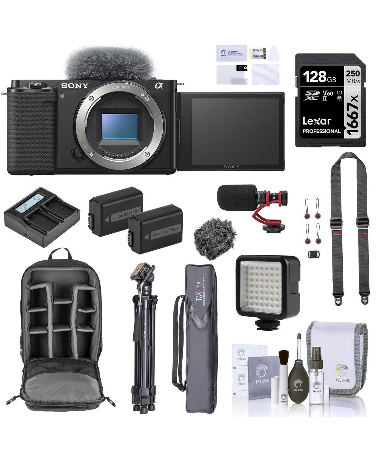Sony Sony Zv-E10 Mirrorless Camera, Bundled with Sd Card, Backpack, 2 Extra Batteries, Full-Size Tripod, Strap, Microphone, Screen Protector, Led Ligh | Macy's