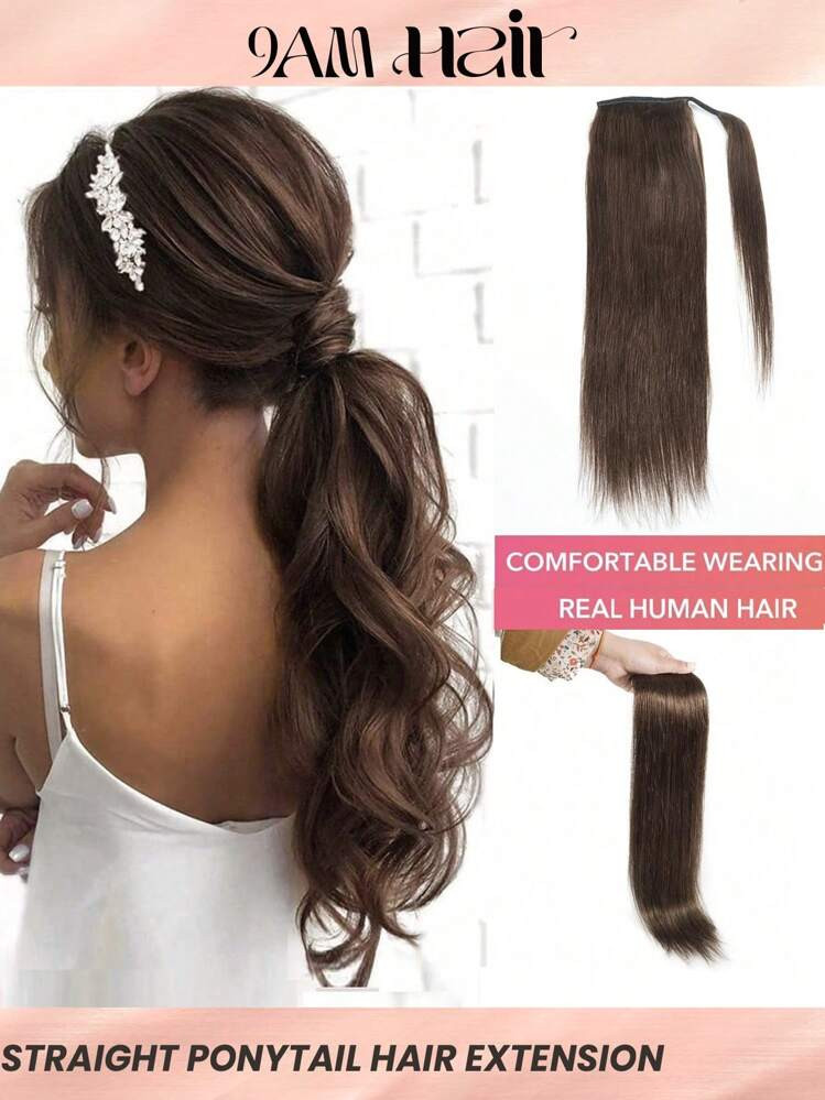 1pc Clip In Straight Chocolate Brown 150 Density Real Remy Human Hair Ponytail Extension Wrap Aro... | SHEIN