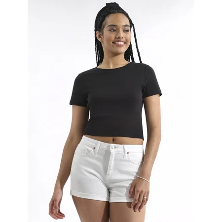 No Boundaries Cropped Boxy Cotton Tee with Short Sleeves Women s | Walmart (US)