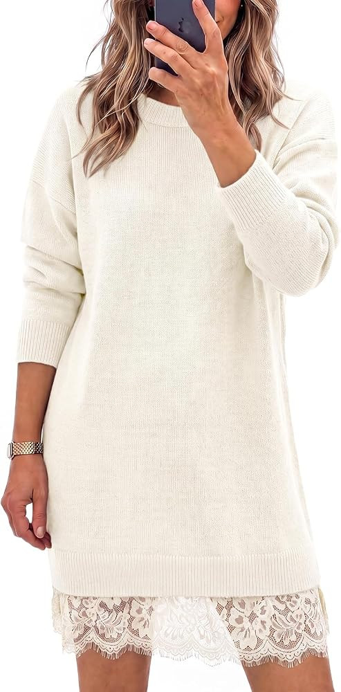 Wenrine Womens Fall Long Sleeve Lace Casual Knit Sweater Mini Dress | Amazon (US)
