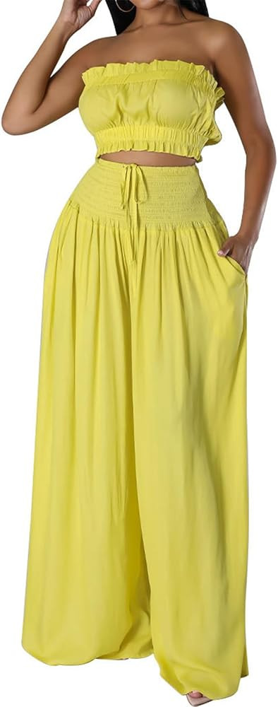 Qikaka Women's 2 PCS Ruched Ruffles Tube Tops Bodycon Wide Leg Pants Sexy Nightclub Party Tracksu... | Amazon (US)