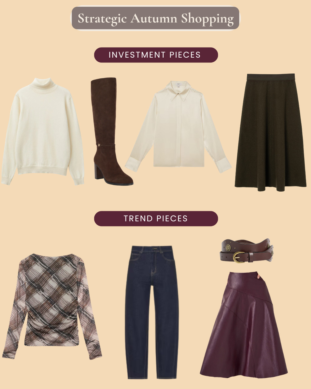 Strategic Autumn Shopping - Investment pieces, merino knit, brown knee high boots, silk shirt, wool midi skirt vs trend pieces mesh top, barrel leg jeans, western style belt faux leather midi skirt 

 #LTKautumn #LTKover50style #LTKstyletip