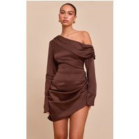 Chocolate Satin One Shoulder Drape Bodycon Dress | PrettyLittleThing US