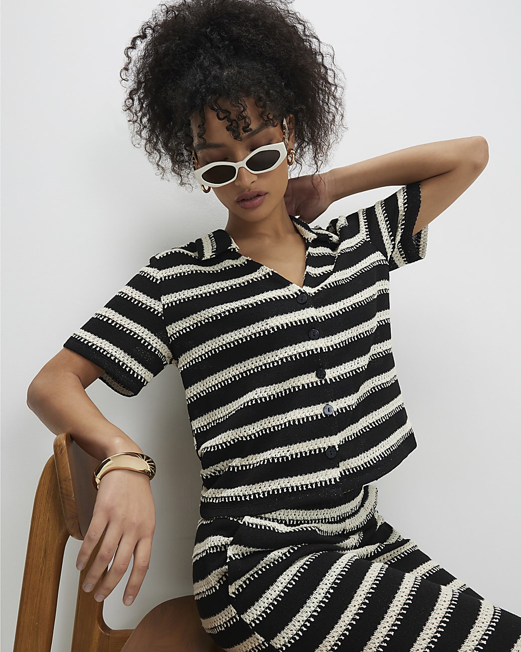 Black Short Sleeve Striped Crochet Shirt | River Island UK & IE