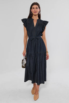 Dark Wash Split Neck Midi Dress | Avara