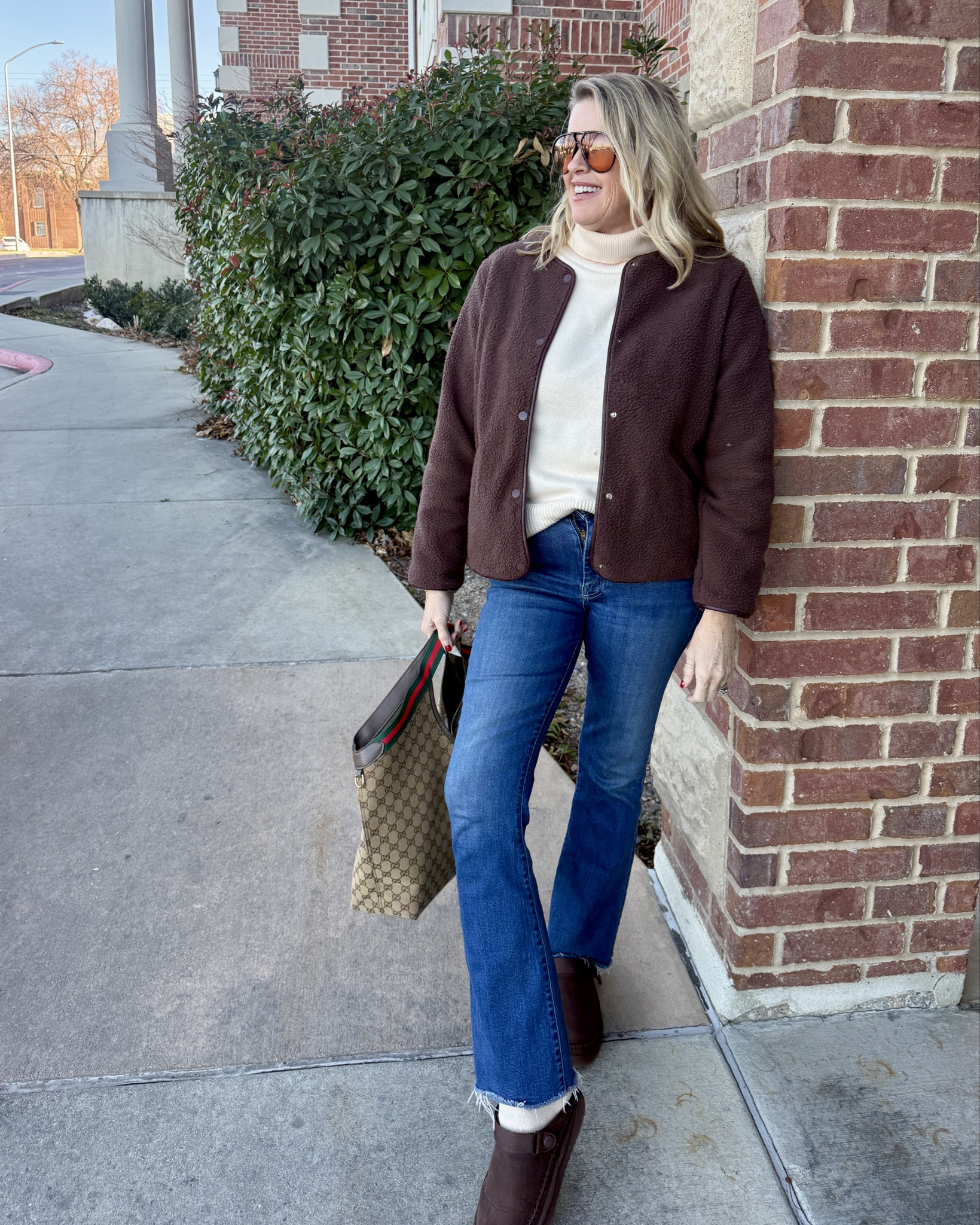 Winter outfit look
A couple of affordable chic pieces from Amazon 

Sherpa jacket with faux leather trim. Snap buttons, true to size in a med and comes in several colors. 

Light weight knit turtleneck sweater, loose fit, yet straight and not baggy. Tts comes in several colors and a great winter basic 

Slouchy socks, comfy, warm and a cute detail. 

Splurge jeans  by mother denim 
Flared Frayed hem fit tts I am in 27 

Rebeca Allen suede & Sherpa shoes with adjustable heel strap for slip ons  tts comes in 4 colors mine are chocolate brown suede. code DARCY20 for your followers to enjoy up to a 20% discount

Manufactured diamond stud earrings. 


#LTKmomlife #LTKOver40 #LTKootd