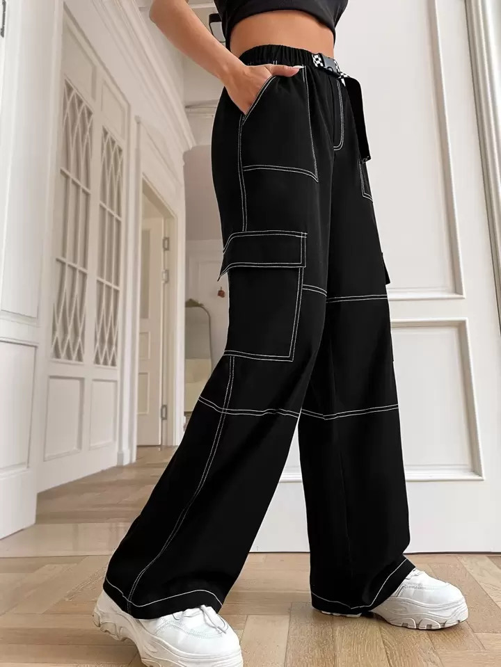 SHEIN EZwear Top-stitching Flap Pocket Side Belted Cargo Pants | SHEIN