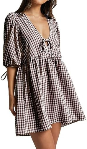 Women's Gingham Puff Sleeve Tie Front Babydoll Mini Dress | Amazon (US)
