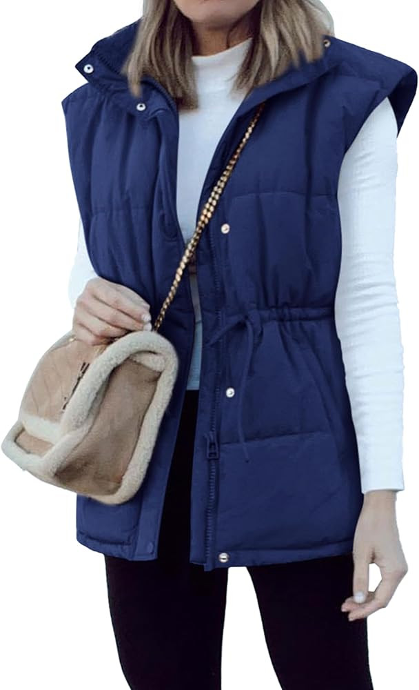BTFBM Women's Casual Outerwear Vest Button Down Zip Up Padded Gilet Drawstring Sleeveless Jackets... | Amazon (US)