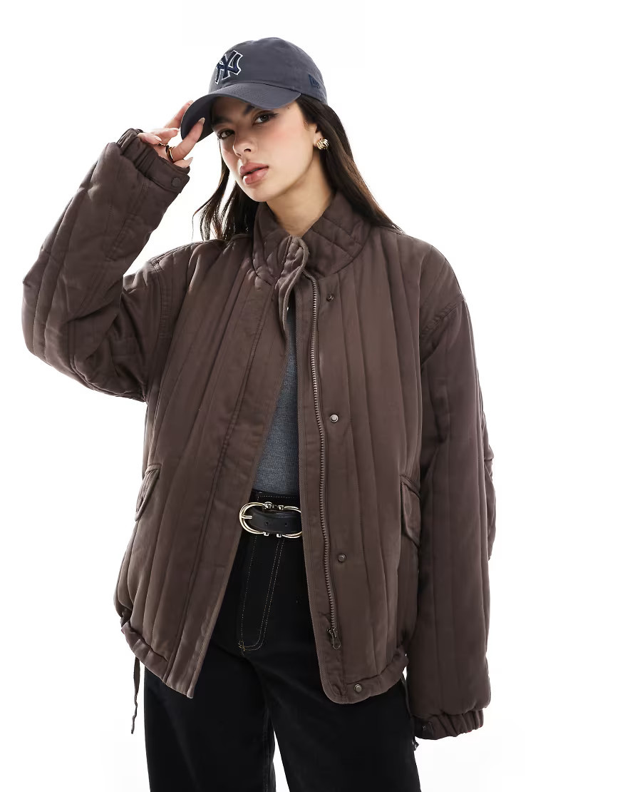 ASOS DESIGN funnel neck quilted jacket in brown-No colour | ASOS (Global)